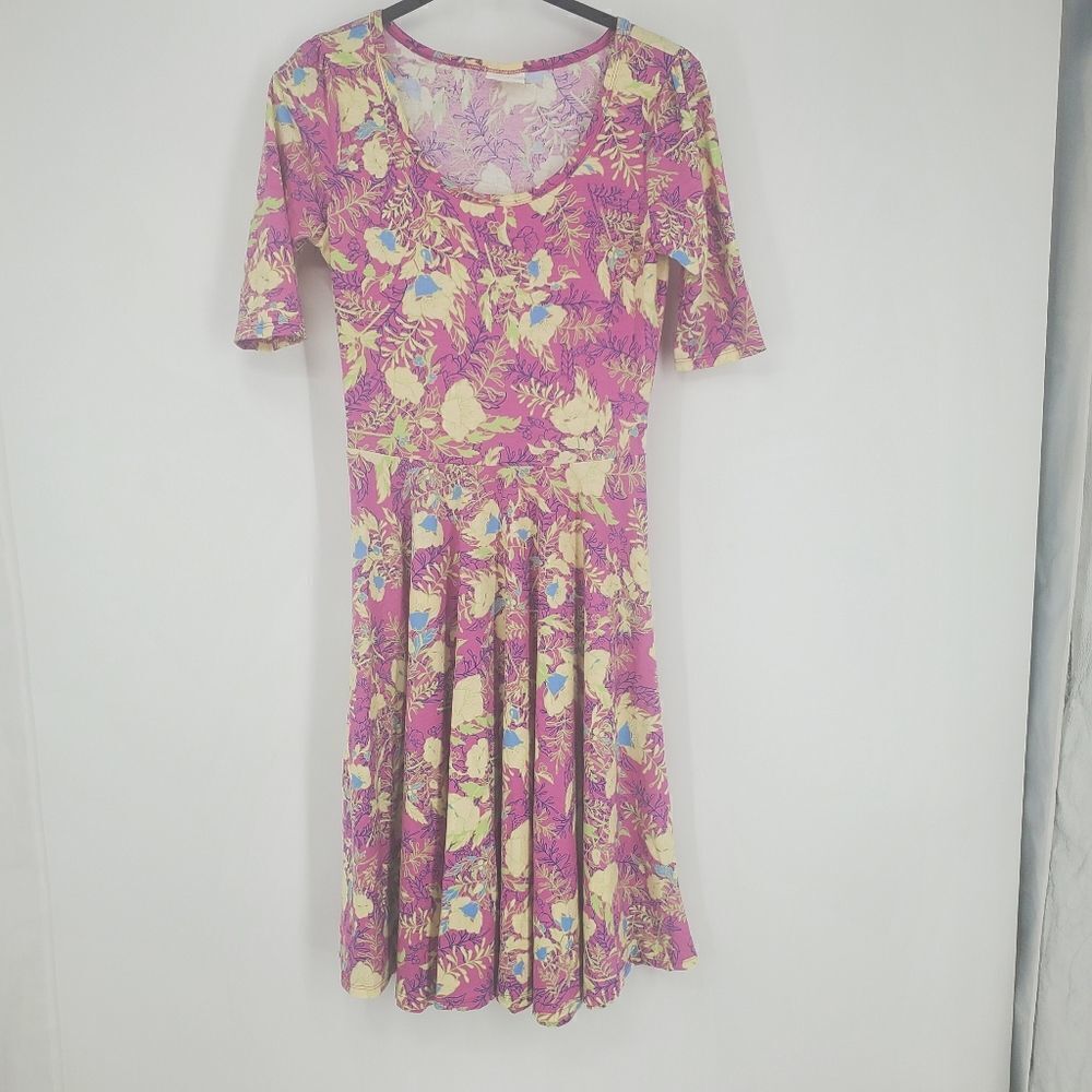 LulaRoe "Nicole" Pink and Yellow Print Dress